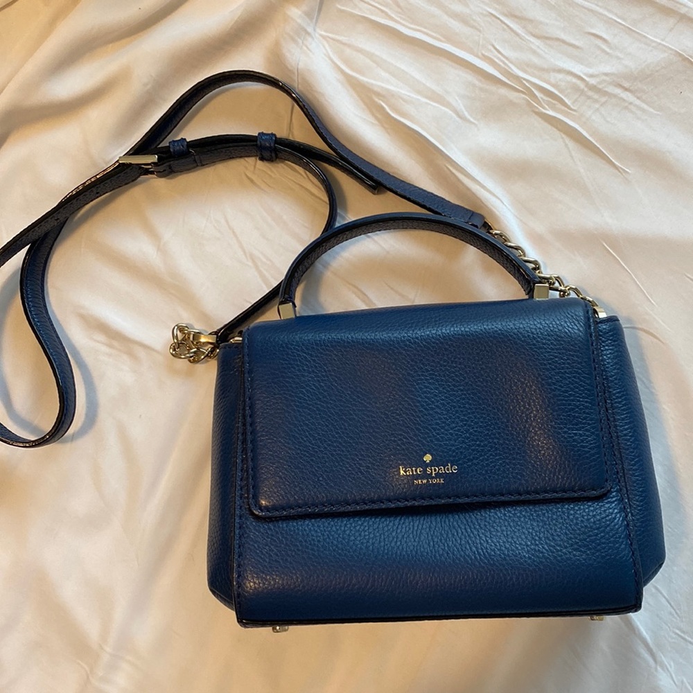 Kate Spade cross body bag, gold hardware, dark blue.